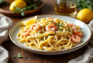 Linguine aux poireaux, crème ultra onctueuse et crevettes savoureuses