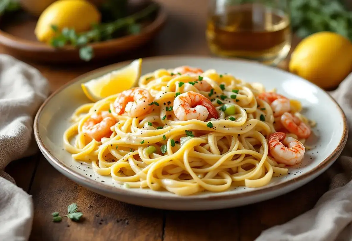 Linguine aux poireaux, crème ultra onctueuse et crevettes savoureuses Linguine aux poireaux, crème ultra onctueuse et crevettes savoureuses