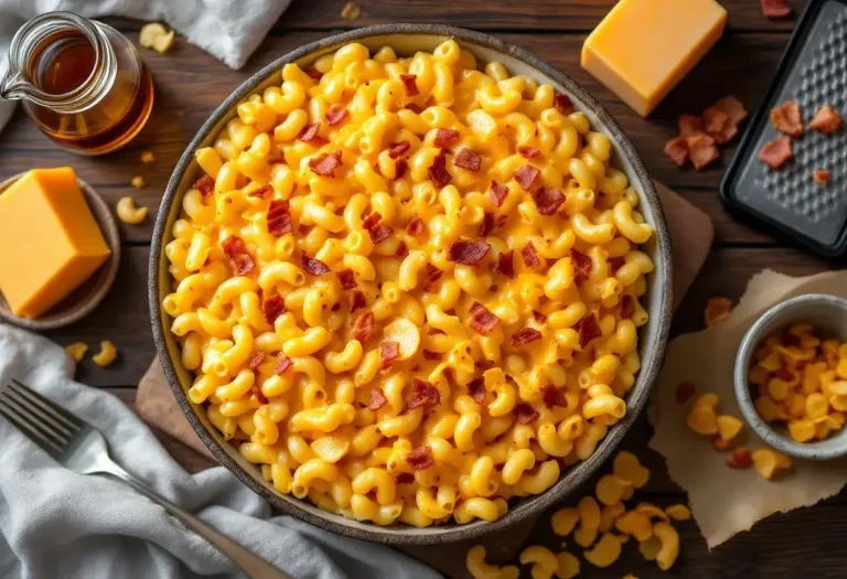 Macaroni au fromage ultra crémeux, cheddar fort, bacon et sirop d'érable Macaroni au fromage ultra crémeux, cheddar fort, bacon et sirop d'érable